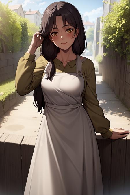 2494120-2645217390-masterpiece, best quality, absurdres, perfect anatomy, 1girl, solo, Carla Yeager, long hair, hair over shoulder, apron, long ski.png